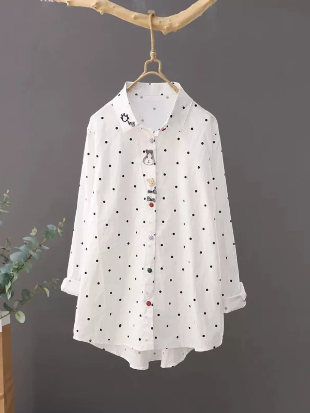 Trendy Embroidered White irt Women's Loose Long Sve Spring Autumn New Sle Korean Version Base Layer Top Cotton Blend