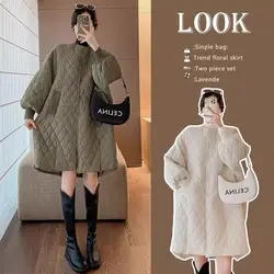 2024 Autumn And Winter Large Size Pregnant Women's Clothing Cotton Jacket Diamond Grid Light Loose Medium Long Quilted Coat a214