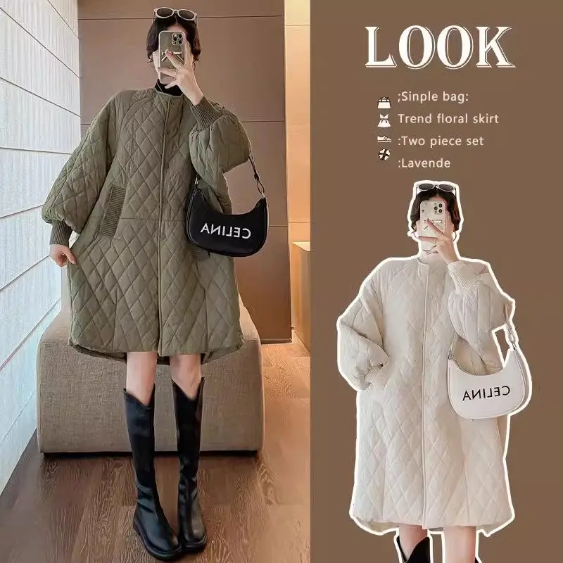 2024 Autumn And Winter Large Size Pregnant Women's Clothing Cotton Jacket Diamond Grid Light Loose Medium Long Quilted Coat a214