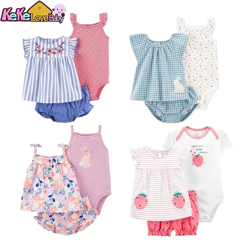 Summer Baby Girl Clothes Set Fashion Flower Infant Outfits Cotton Short Sleeved Bodysuit Shorts 3Pcs Toddler kids Clothing 6-24M