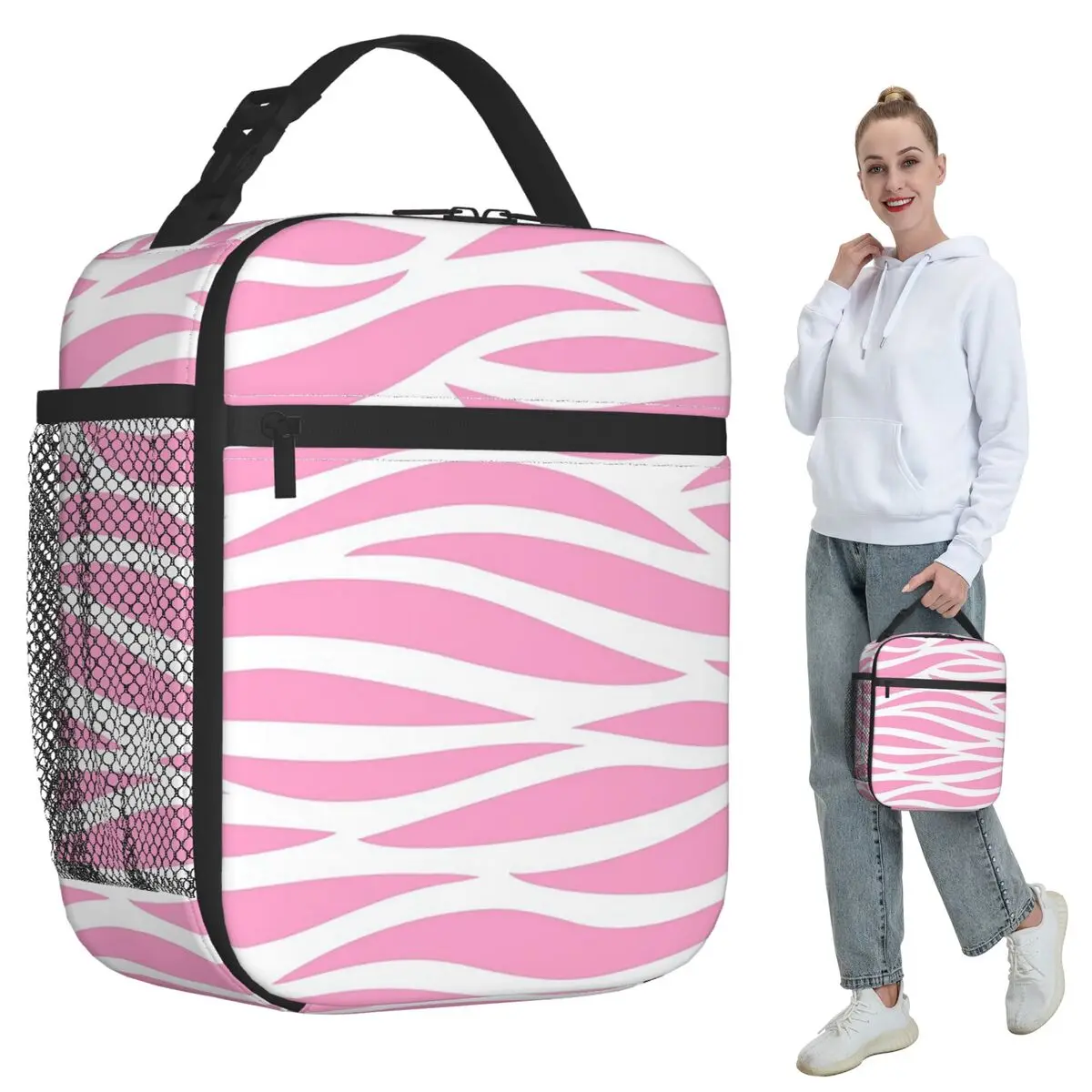 Zebra Pattern Pink Zebra Stripes Insulated Lunch Bag for Women Office Cooler Thermal Food Box Tote Lunch Boxes Container
