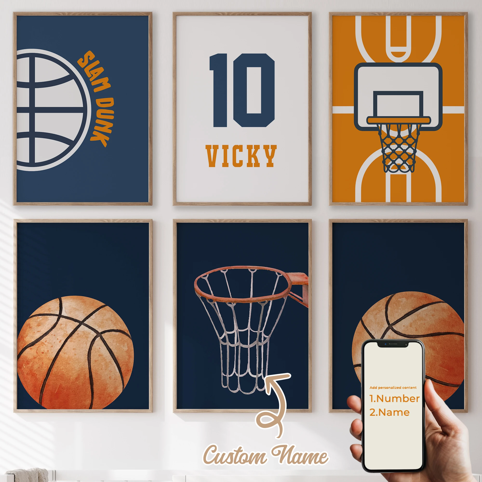 

3pcs/6pcs Personalized custom name cute cartoon Basketball Wall Art Print Picture For Living Room Kids Boy Room Home Decor Gift