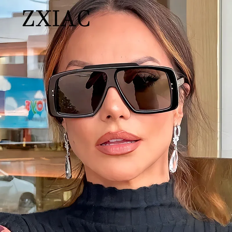 ZXIAC Retro Rectangular Oversized Frame Sunglasses Women Men Unique Rivet Decorated Eyeglasses Fashion Trend Casual Shades UV400