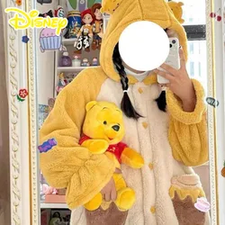 Disney Pooh Bear Pajamas Women Winter Nightgown Long Cute Lots Daisy Duck Thickened Warm Gown Set Hooded Sleepwear Suit Gift