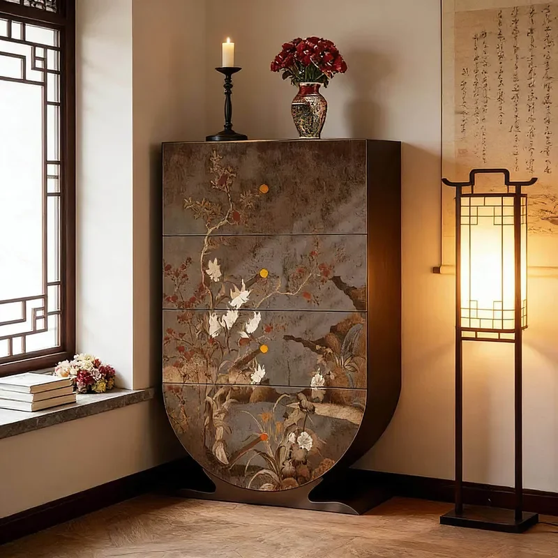 New Chinese Retro Medieval Solid Wood Four Drawer Cabinet Living Room Entrance Vertical Storage Household Multi Functional