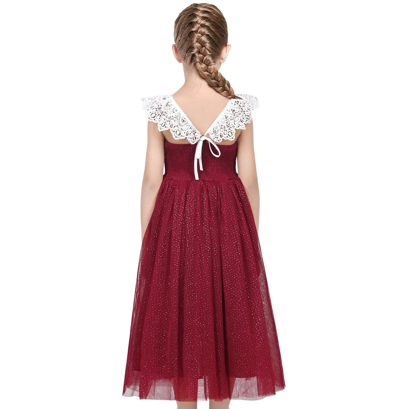 Girls Dress Red Lace Glitter Hollow Back Princess Party Long Gown Formal