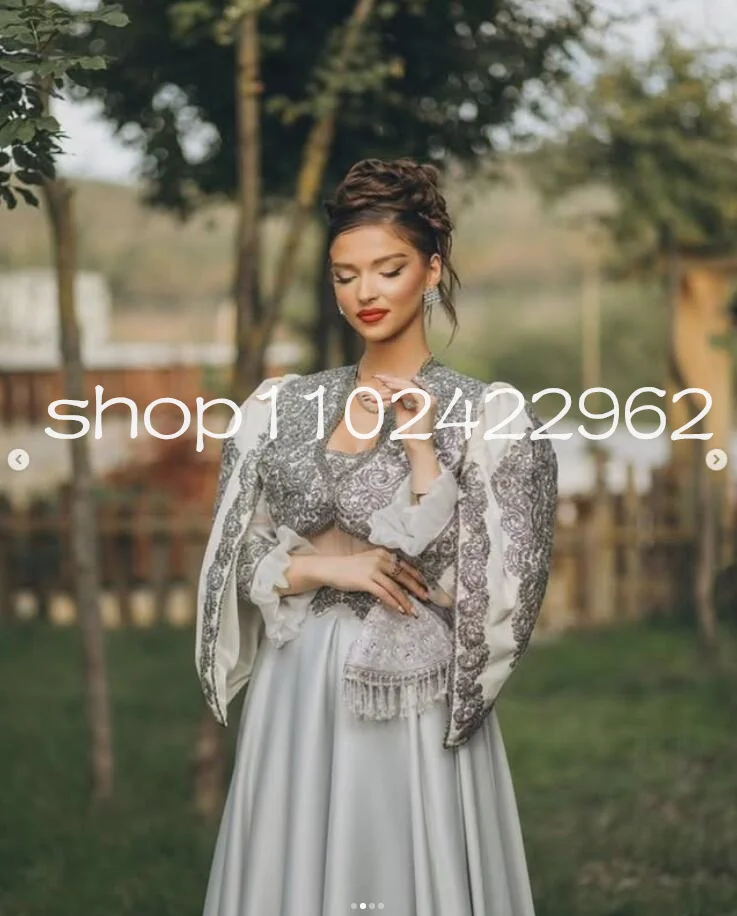 Silver Grey Algeria Caftan de soirée Evening Formal Dresses Luxury Kosovo Long Sleeve Kaftan Prom Gown Outfit Customsized