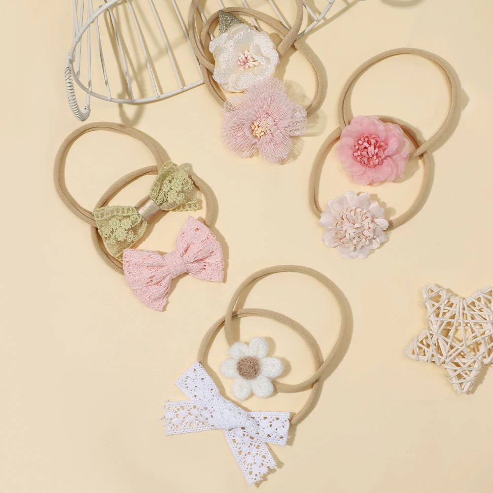 8 Pcs/Set Baby Elastic Headband Newborn Flower Lace Bowknot Nylon Baby Hair Bands Soft Hair Accessories for Girls Infant Toddler