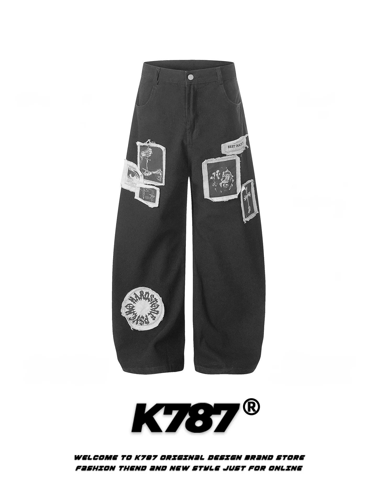 

K787 American Casual Pants Men's Loose High Waist Wide Leg Floor-Length Knife Patchwork Comfortable Cotton Blend