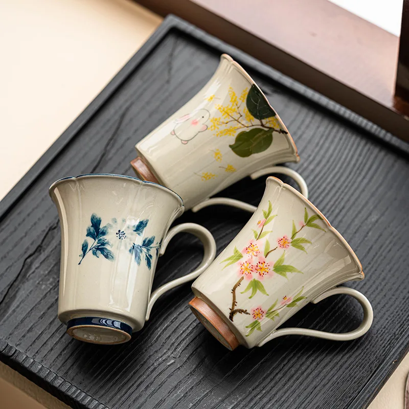 Hand Painted Moon Rabbit Floral Rim Ceramic Mug Master Coffee Cup with Handle for Women Home Office Gift