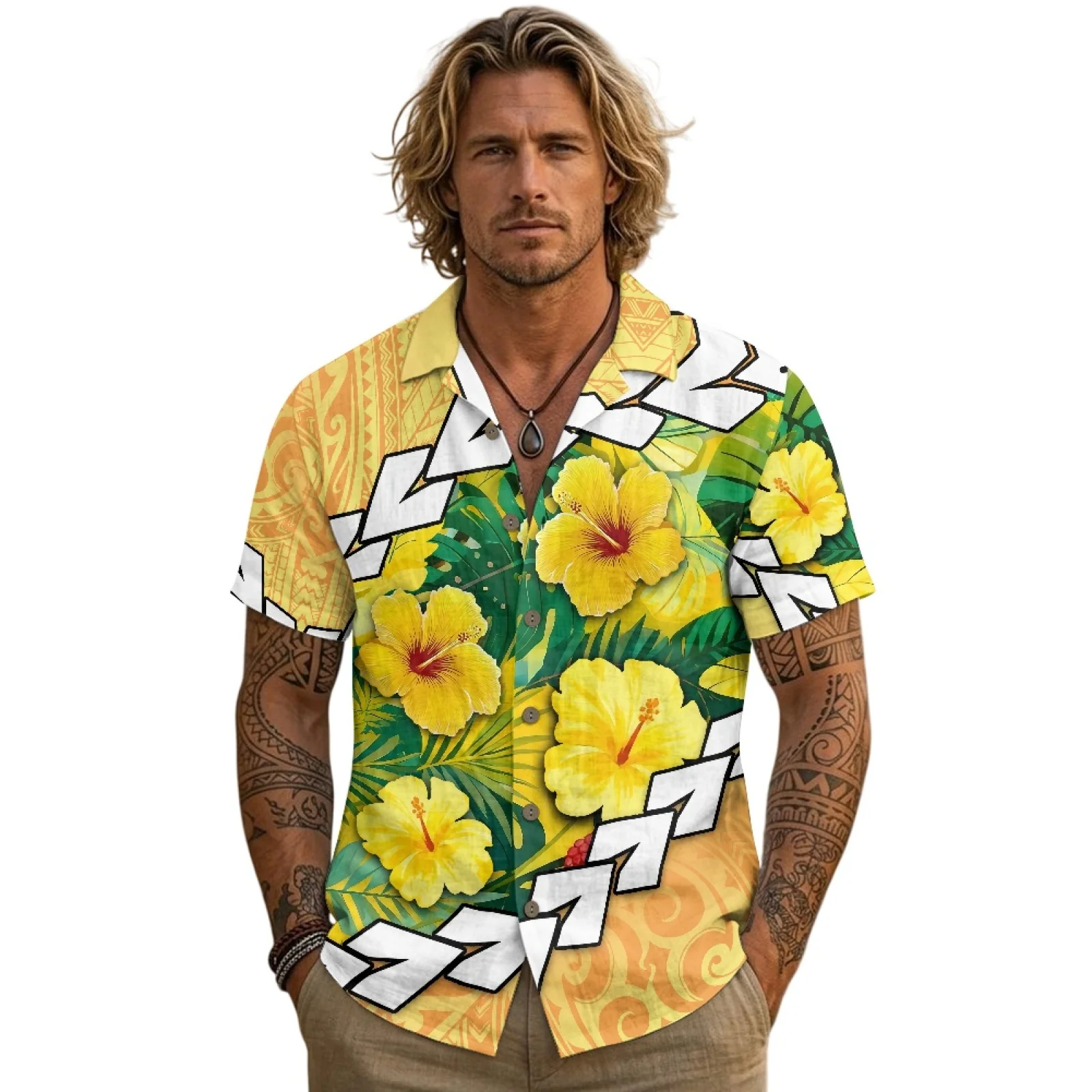 PENSTROLL Hibiscus Tropical Linen Style Beach Hawaiian Shirt Single Breasted Men's Short-Sleeved Shirts for Youth S-3XL