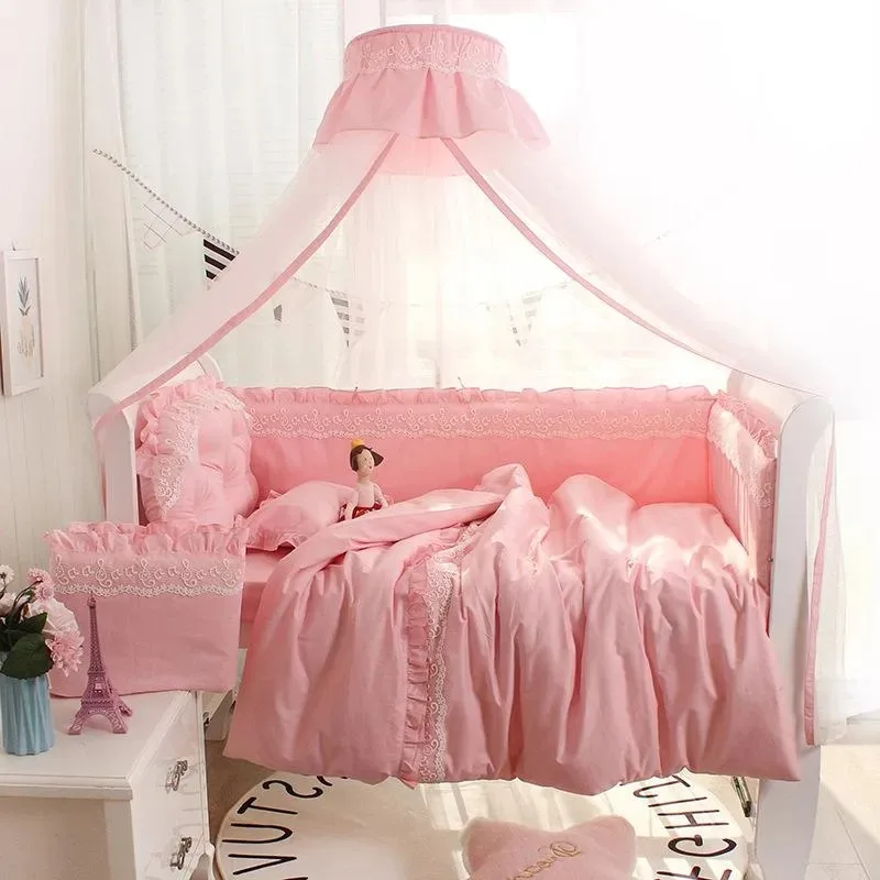 

Baby Girls Cot Bumper Cotton Lace Princess Style Solid Cotton With Ruffler Bed Sheet Baby Crib Bedding Set Kids Room Decor