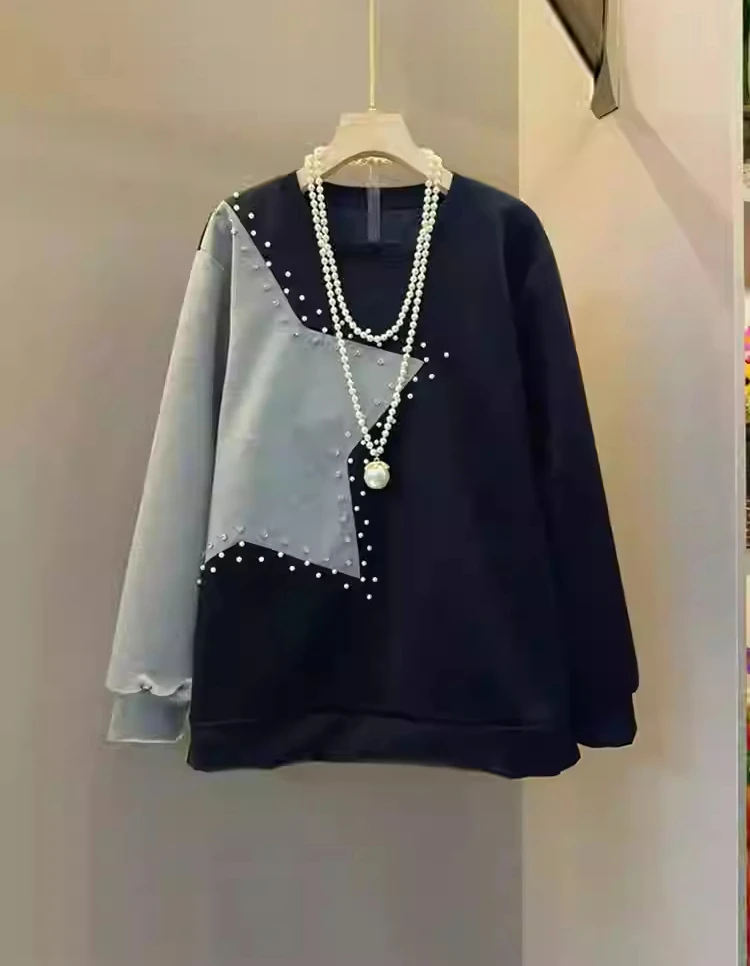 Pull à manches longues pour femme, col rond, taille grande, printemps-automne, doux, perlé, tendance, ample, style coréen, polyvalent, haut de loisirs