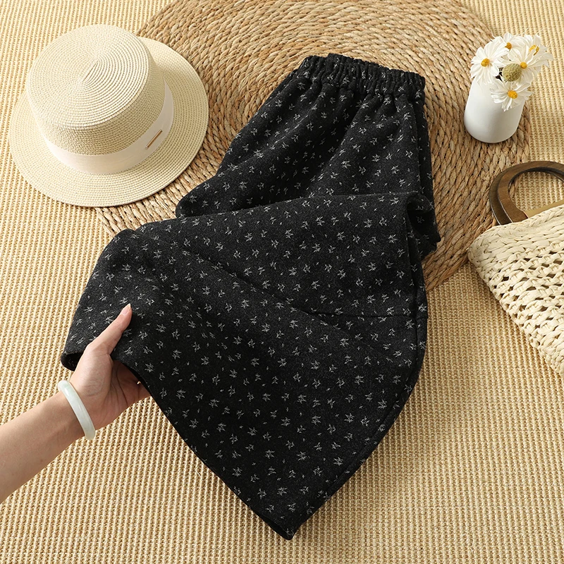 Retro Japanese Floral High Waist A-Line Midi Skirt Women's Loose New Wool Flower Bud Long Pants Spring Autumn Winter Season