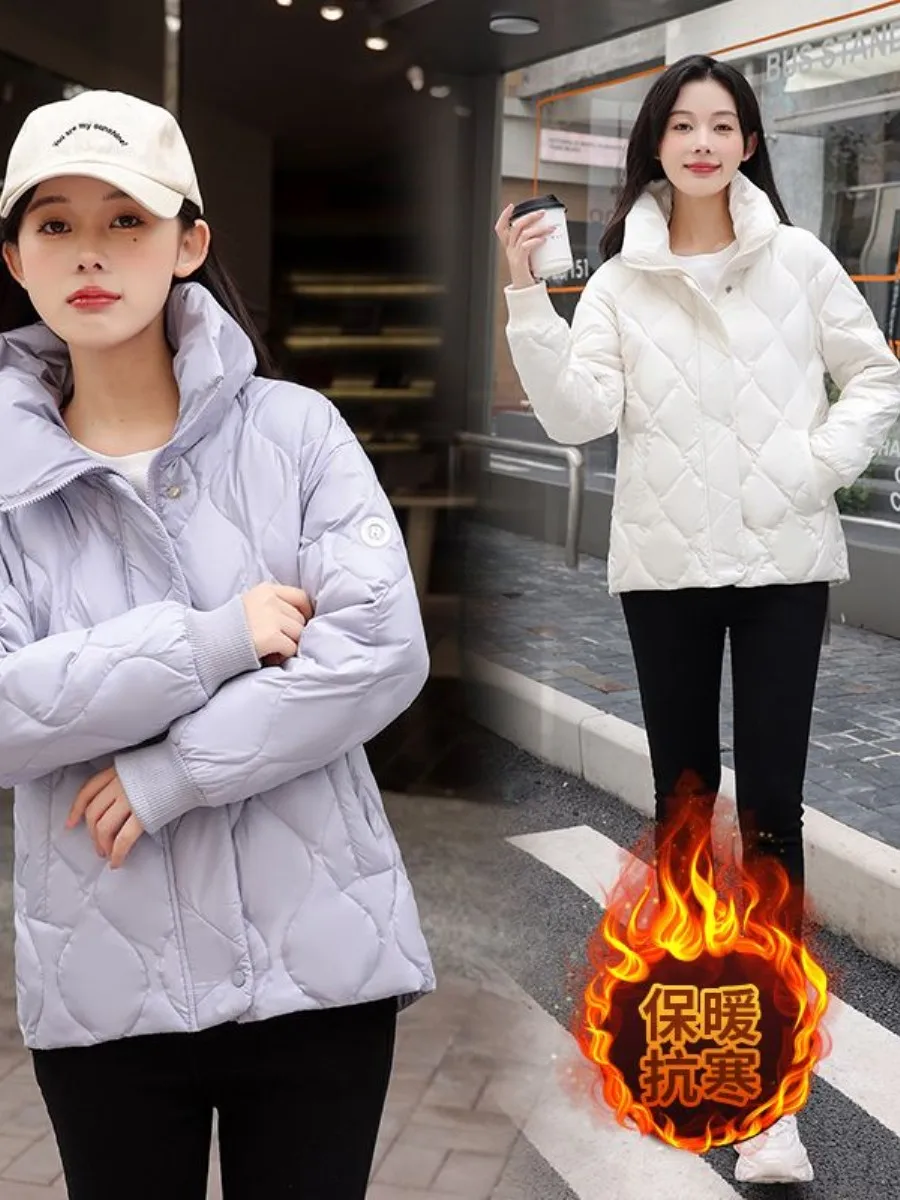 

Women's Short down Jacket White Duck Feather Lightweight Warm Stand Collar Fashion Outerwear Ear Covers Winter Coat