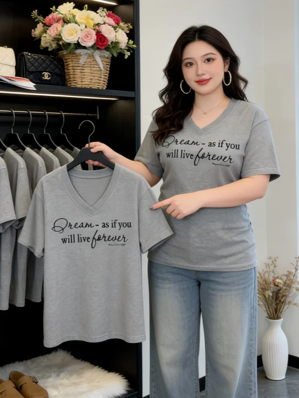 

Женская модная футболка больших размеров с коротким рукавом, утягивающая талию, скрывающая живот, весна-лето, новинка, с V-образным вырезом и принтом