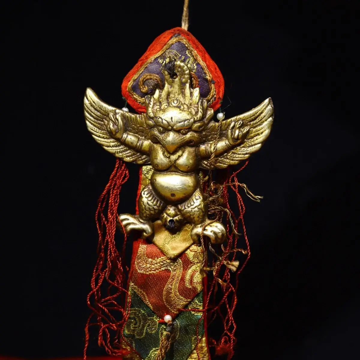 Copper Base Fully Hand Hammered & Chiseled Garuda Statue with Hand Sewn Prayer Flags