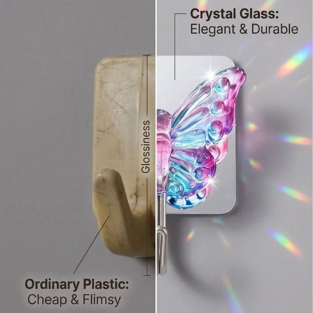 2PCS Self Adhesive Crystal Glass Butterfly Hooks Decorative Waterproof Butterfly Adhesive Hooks with Mirror Bathroom Hook