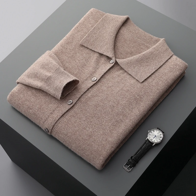 

Мужской кардиган из чистой кашемировой шерсти, повседневная куртка-поло с воротником, осень-зима, новое высококачественное пальто с длинными рукавами, свободный теплый топ