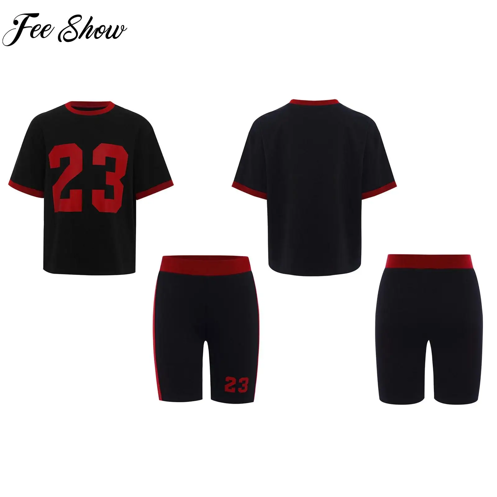 

2 Pcs Kids Girls Sports Suits Sportswear Shorts Sleeve Color Block T-shirt with Shorts Sets for Yoga Gym Running Workout Fitness