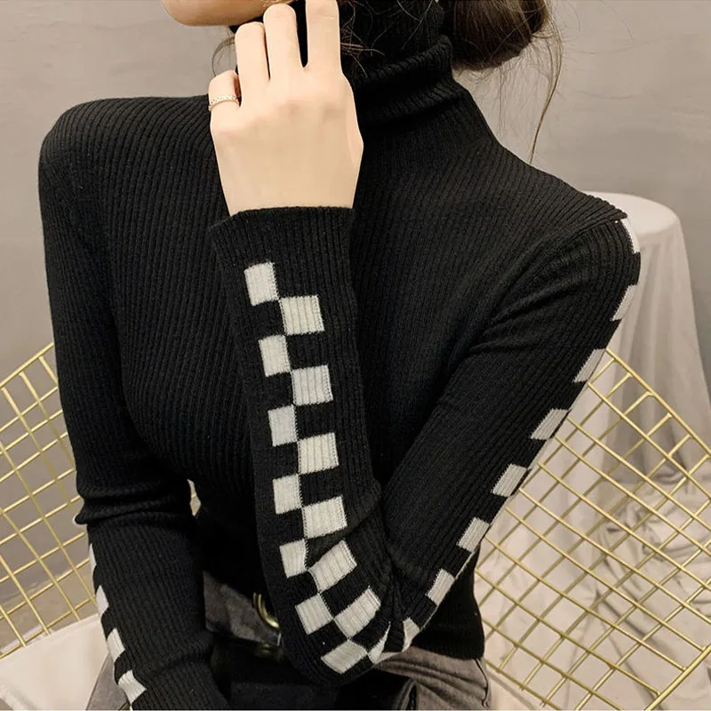 Women Clothing Fashion Turtleneck Pullover Autumn Winter Solid Plaid Slim Long Sleeve Sweater Office Lady Casual Stylish Top