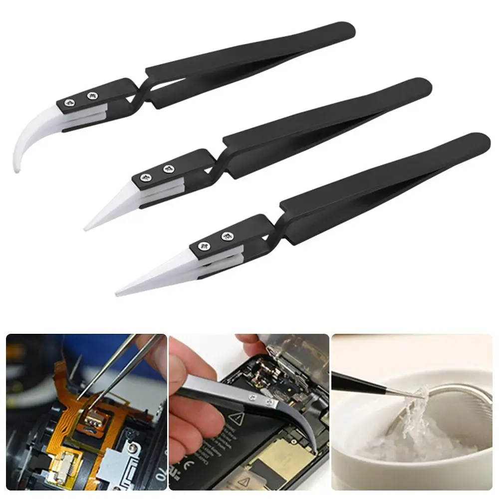 Little Curved/Big Curved/Straight Tip Ceramic Tips Tweezers Acid Resistant Anti-Static Electronic Soldering Tweezers