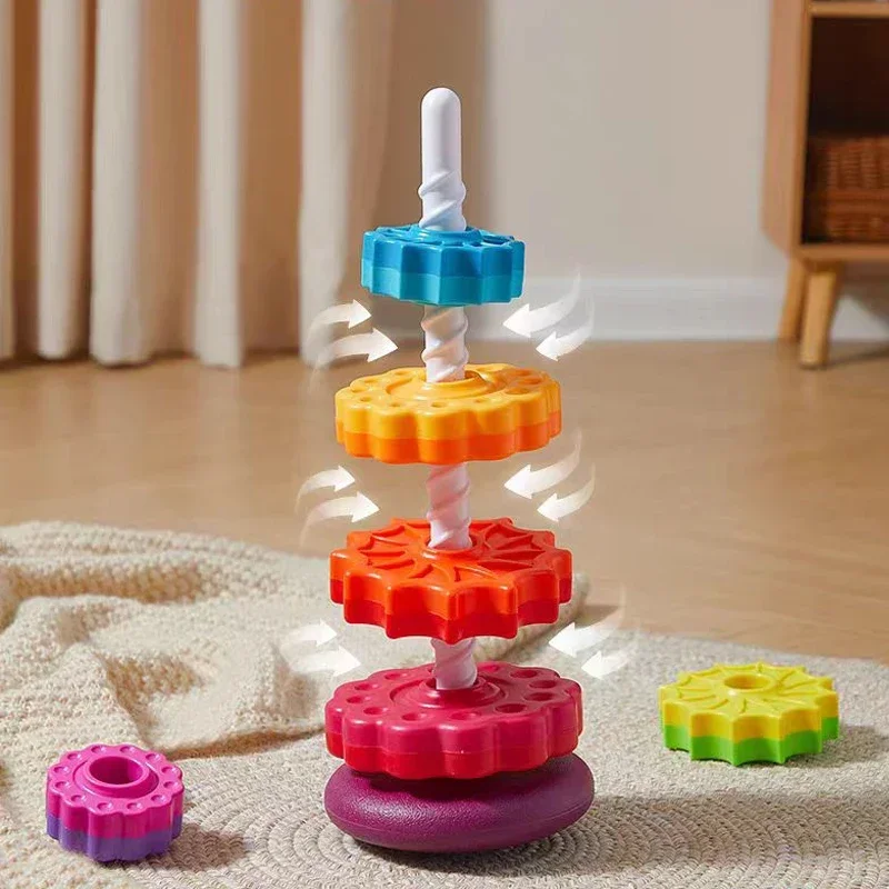 Rotated Rainbow Tower Spinning Stacking Toys Montessori Education Puzzle Development Intelligence Ring Toy For Kids Boys Wheel