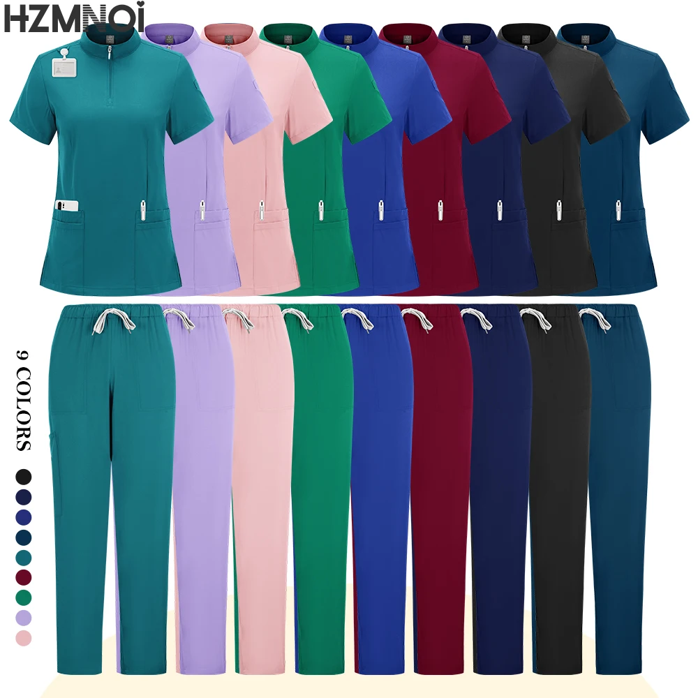 Medical Scrubs Uniform Women Nurse Zipper Scrub Set Pocket Tops Pants 2 Piece Surgical Suits Operating Suit Nursing Work Clothes