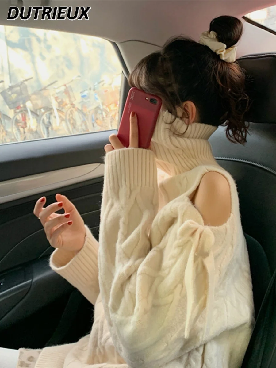 مثير الحلو الخريف الشتاء القوس خارج الكتف سترة فستان المرأة بلون الياقة المدورة طويلة الأكمام تنوعا محبوك فساتين #3