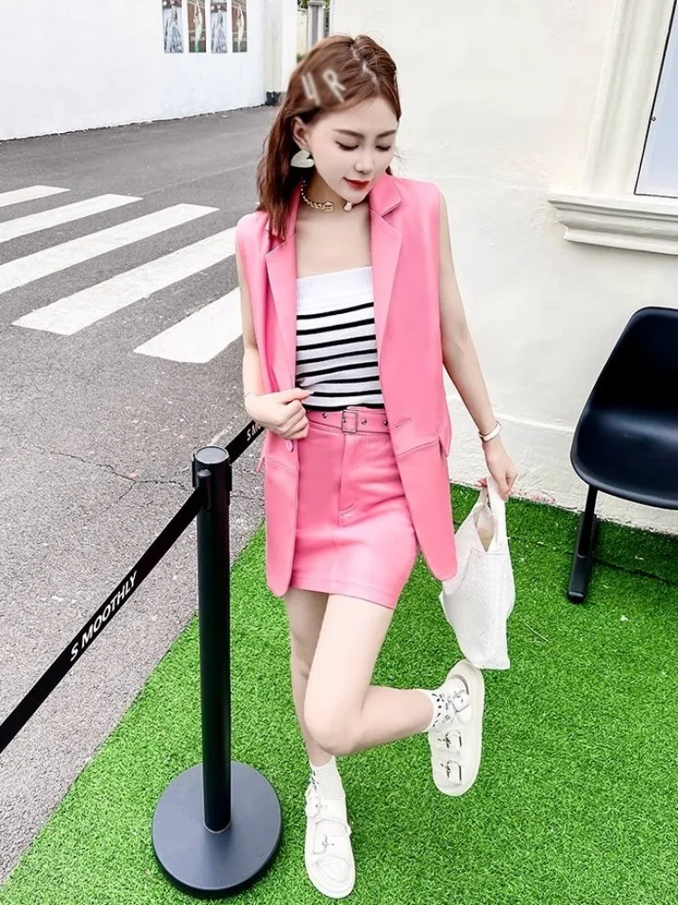 Middle Long Women Sleeveless Suit Jacket Single Button Loose Fit Turn-Down Collar Casual Waistcoat Sheepskin Real Leather Vest