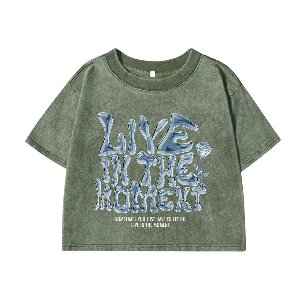 Womens Cotton Crop Washed T-Shirts Live In The Moment Letter Prints Short Sleeve O-Neck Distressed Oversize Tops Female Clothes