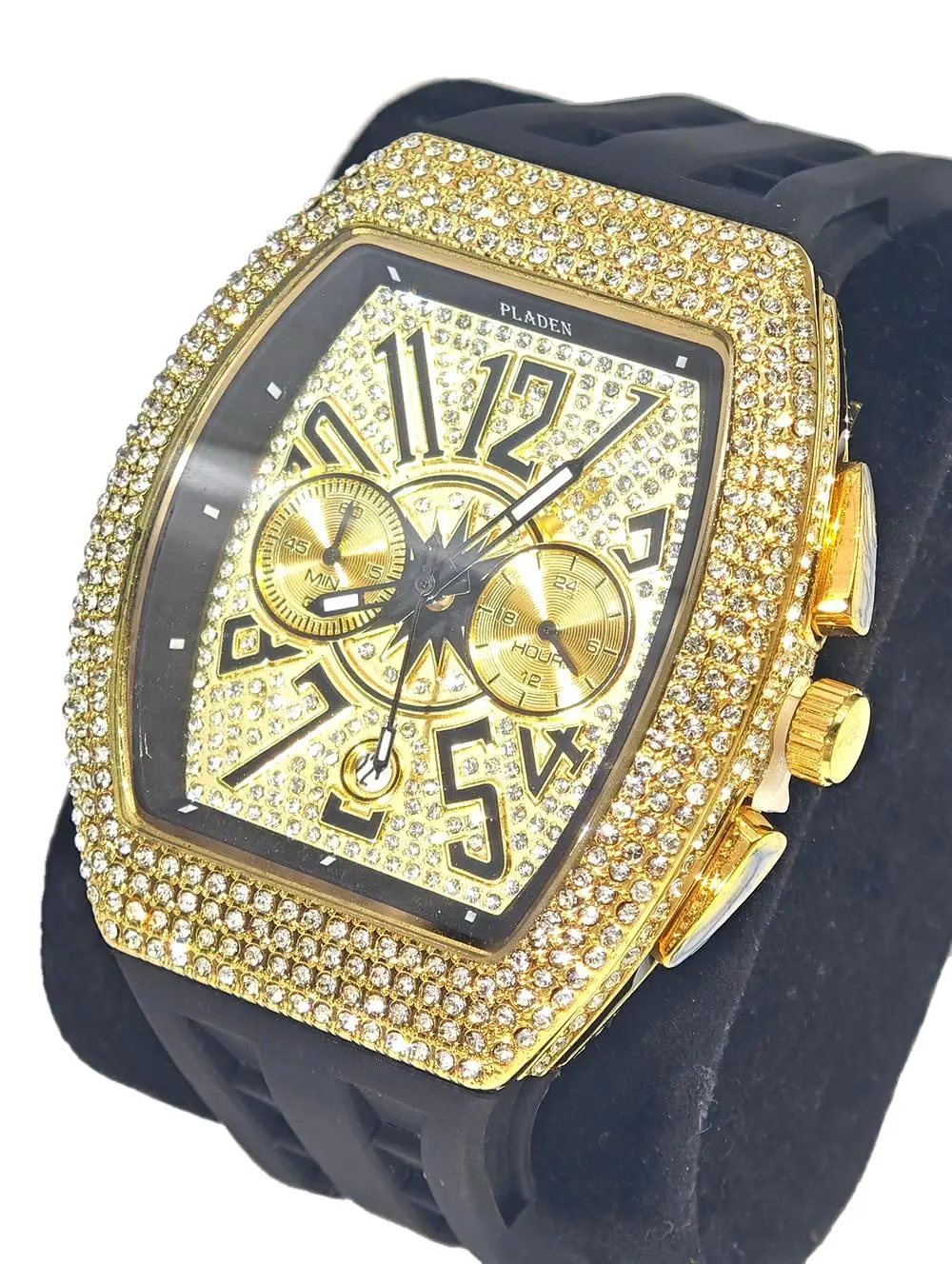 PLADEN Luxury Watch For Men Casual Silicone Strap Multifunctional Tonneau Wristwatch Man Hip Hop Full Diamond Bling Clocks 2026