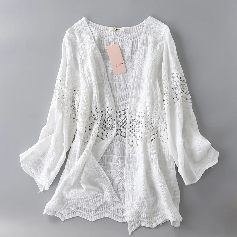 Women Pure Cotton Embroidered Lace Sun Protection Shawl Hollow Out Long Sleeve Loose Outerwear Spring Summer Vacation Cardigan