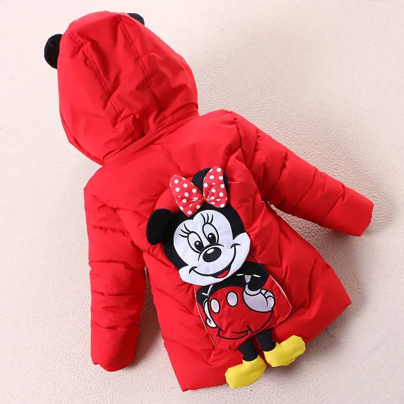 Mickey Mouse Minnie Winter Jackets Coat Baby Girl Hooded Warm Cotton-Padded Jacket Toddler Kid Clothes Thicken Cartoon Outerwear