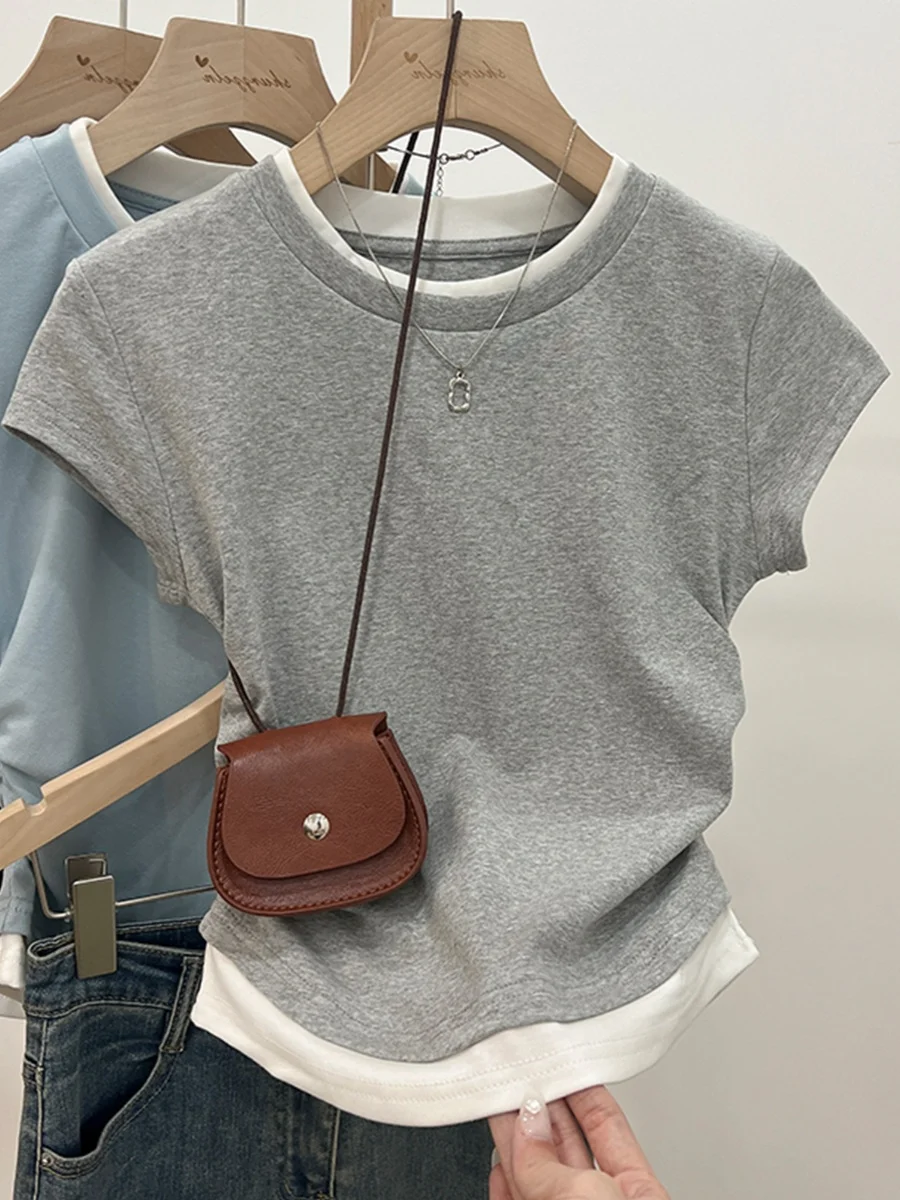 Chic Korean Sle ort Sve T-irt Women's Summer Slim Fit Waist Cinched Folded Hem Casual round Ne Top GIMA70