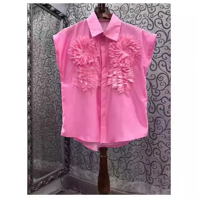 

3D Petal Women's Sleeveless Shirt Stand Collar Vest Top Fashionable Design Summer New Arrival Breathable Skin-friendly Loose Fit