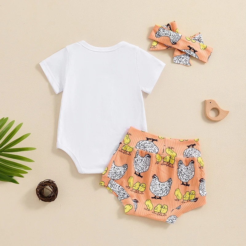 

Baby Girl Farm Outfit Chicken Print Short Sleeve Romper Ruffle Bloomer Shorts Headband Set Newborn 3Pcs Clothes