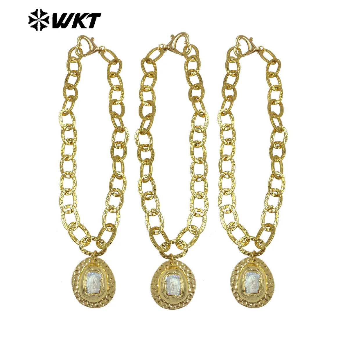 

WT-JN367 модная простая золотая гальваническая металлическая толстая цепочка с подвеской из натурального пресноводного жемчуга, ожерелье для подарков на день рождения