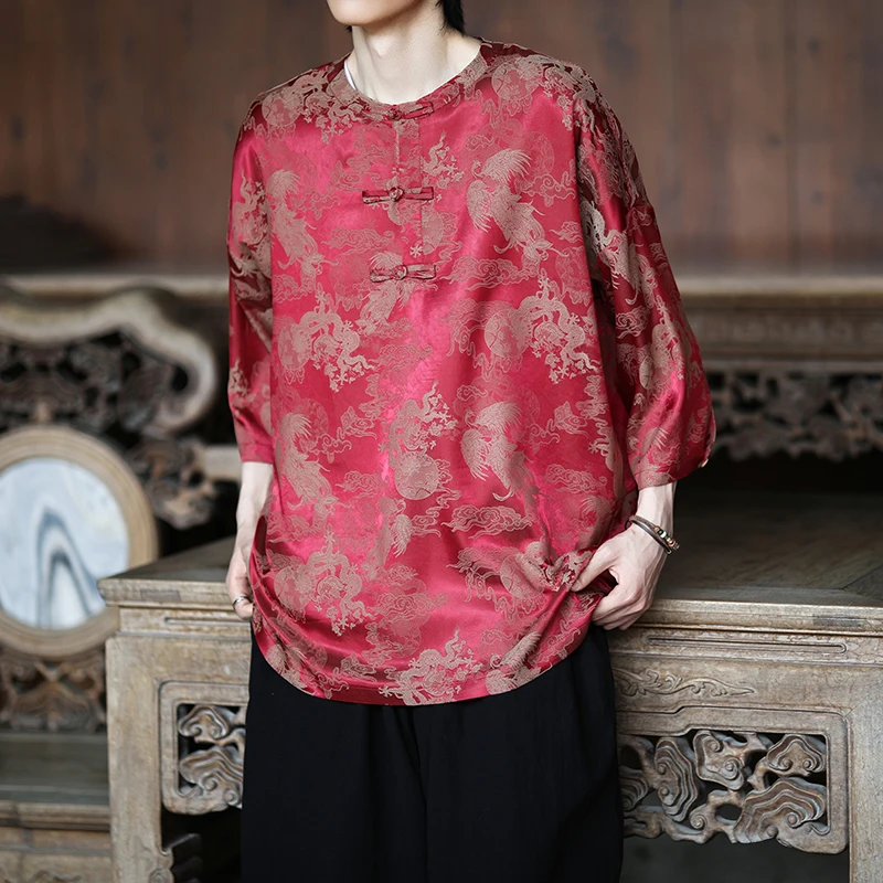 

Teal Jacquard 3/4 Sleeve Pullover Shirt for Men Women Stylish Boho Chic Top Breathable Cotton Blend, Casual Elegant Summer M-5XL