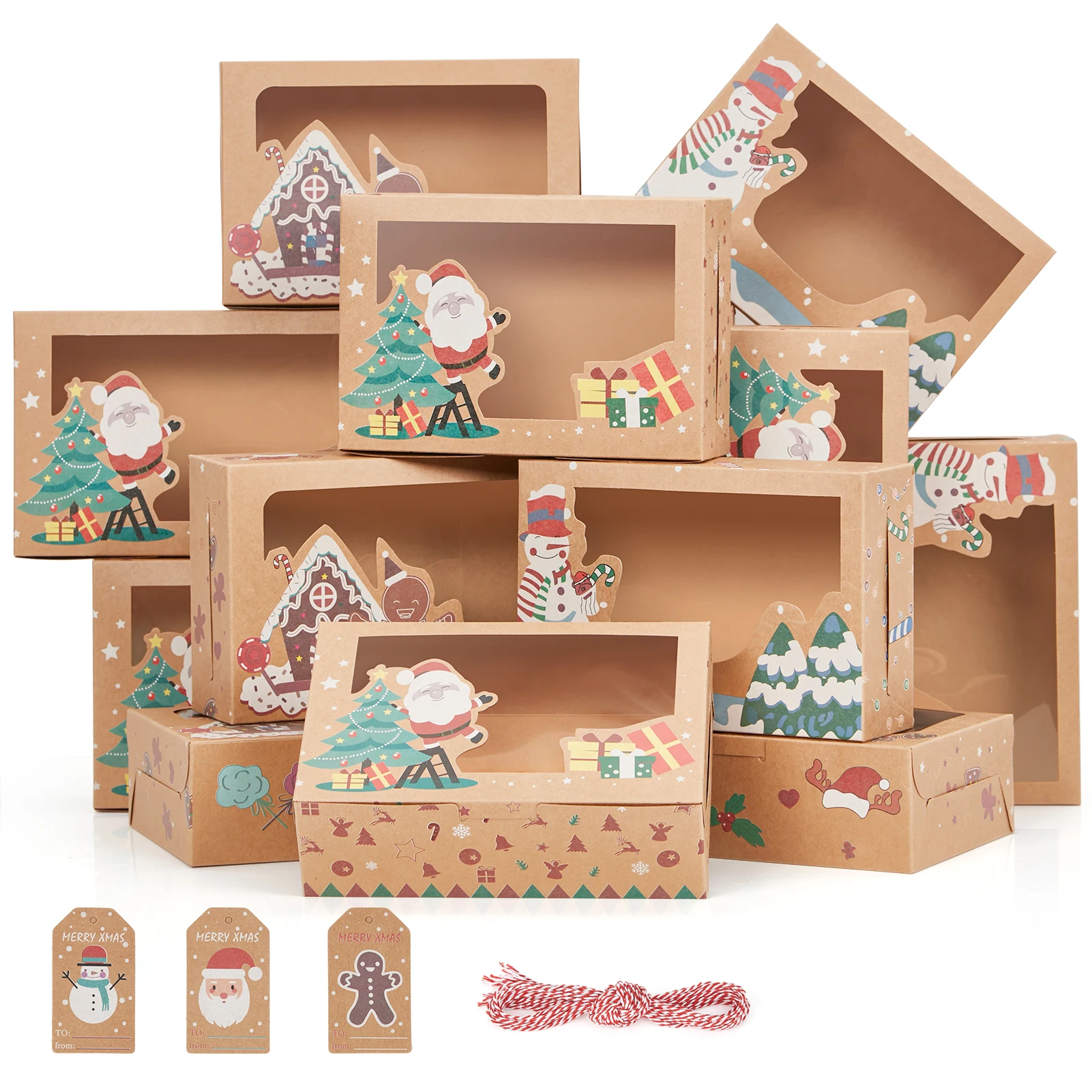 12 PCS Set of Christmas kraft Paper Baking Pastry Box Christmas Decoration Dessert Box