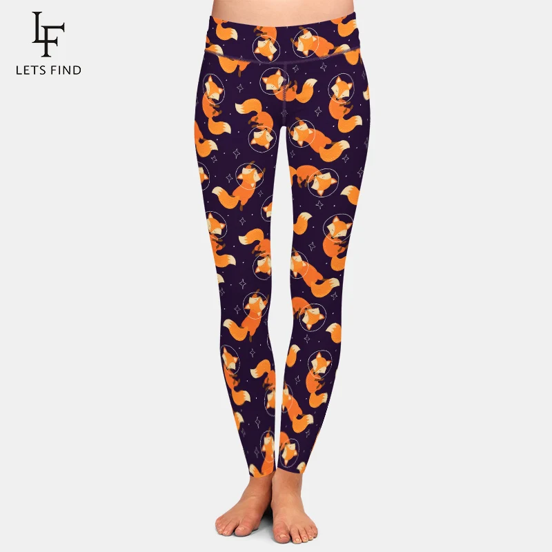 Fashion Cartoon Fox Print Girls Leggings High Waist High Elastic 220gsm Double Side Brushed Milk Silk  Women Leggings