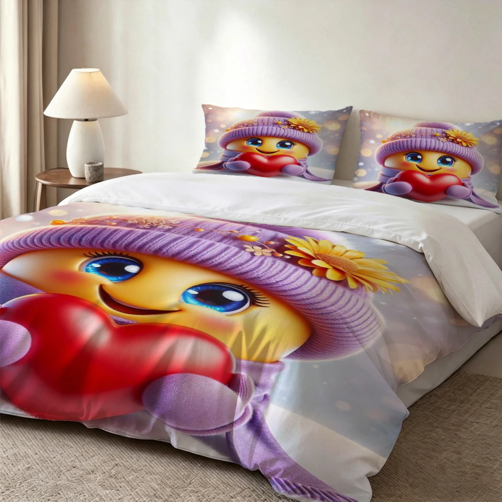 

High-Definition Digital Printed Bedding Set, Cute Cartoon Smiling Face and Heart-Shaped Doll Purple Winter Pattern Duvet Cover Set, Large Floral Print Duvet Cover Set, Includes 1 Duvet Cover + 2 Pillowcases, Suitable for Bedroom, Guest Room, Home Decorati