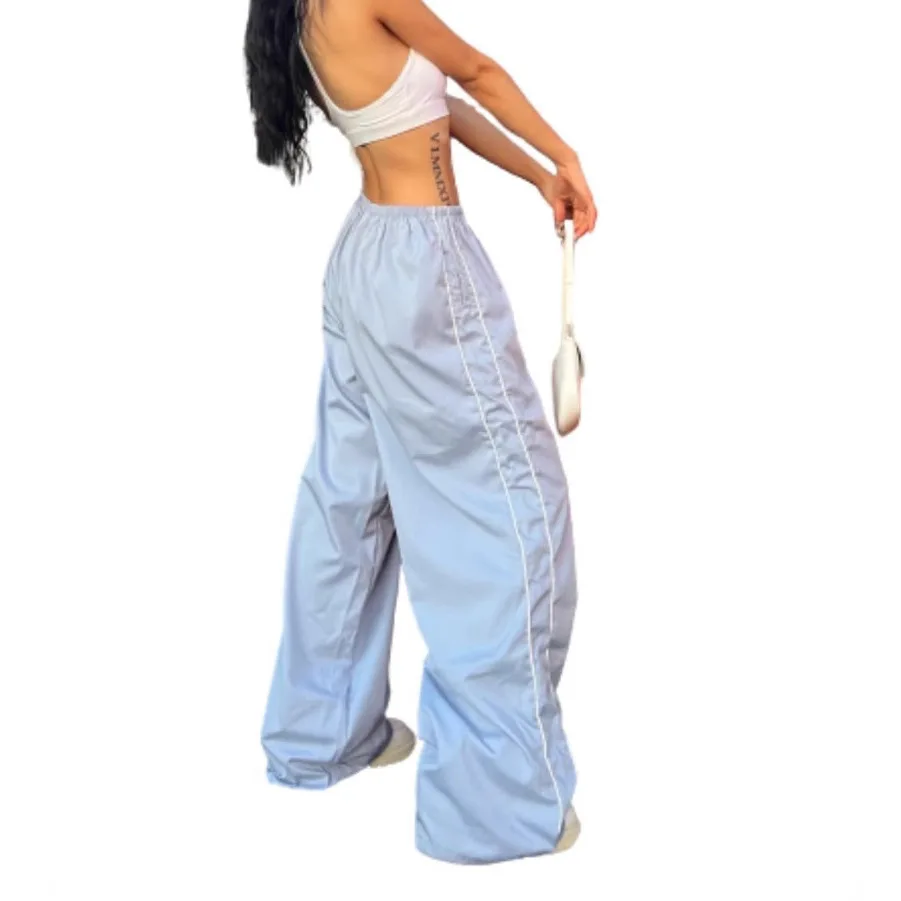 

Casual Sports Style Trousers For Women Autumn New Elastic Waist Wide Leg Pants Fashion Lady Solid Color Splicing Pants 여성카고바지