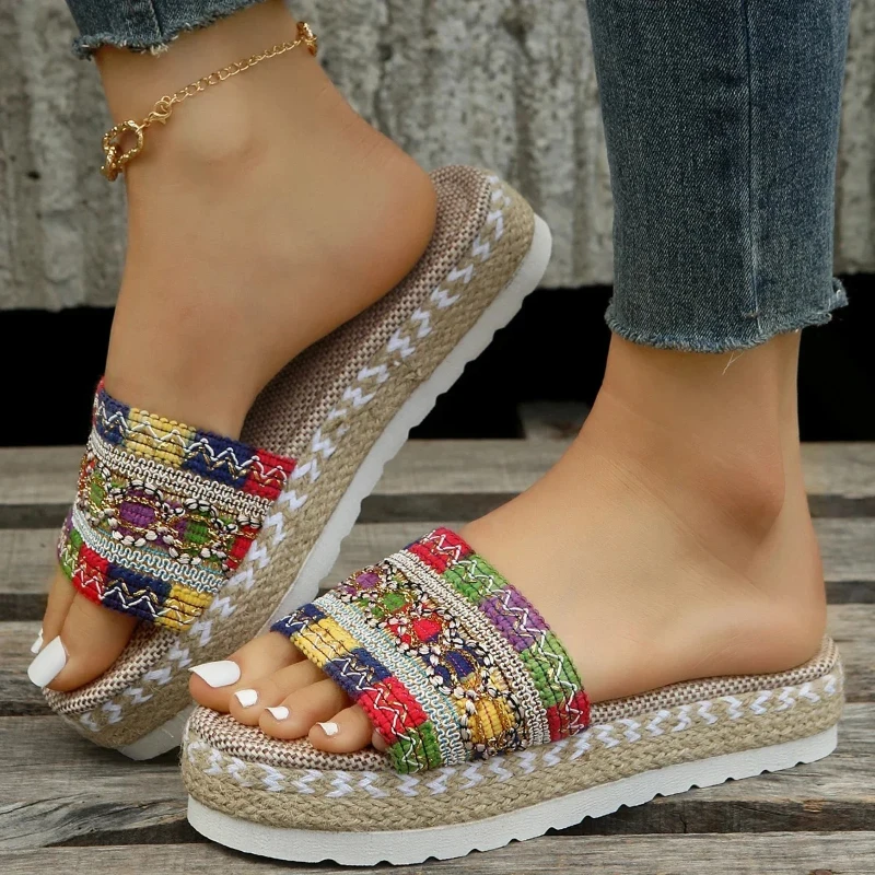 Weave Women's Slippers Platform Summer Kids Shoes  2025 New Beach Casual Heeled Sandals Bohemian Handmade Ladies Espadrilles