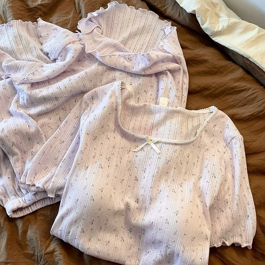 Ins Style Sweet Floral Padded Bra Pajamas for Women, New Summer Edition, Taro Purple Short-Sleeve and Shorts Loungewear Set