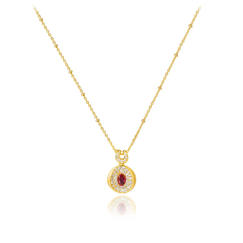 Cultivated red corundum gemstone pendant necklace French retro palace style brushed love silver gold-plated necklace