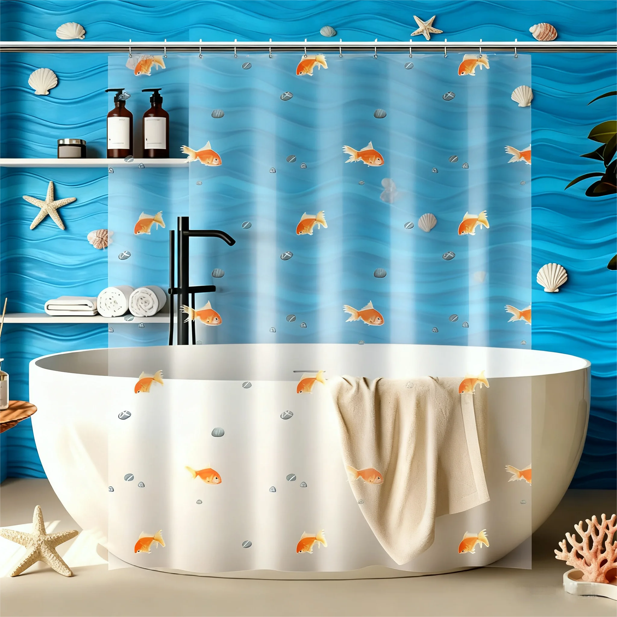 Cortina de ducha de pez dorado PEVA de alta calidad, decoración de baño transparente con diseño de pez naranja y piedra, incluye 12 ganchos