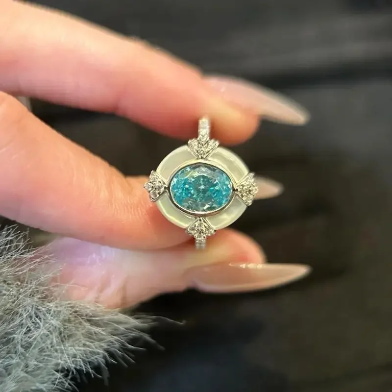 Copper Vintage Palace Style Blue Aquamarine Gemstone Oval White Fritillaria Rings for Women Light Luxury Ring Wedding Jewelry