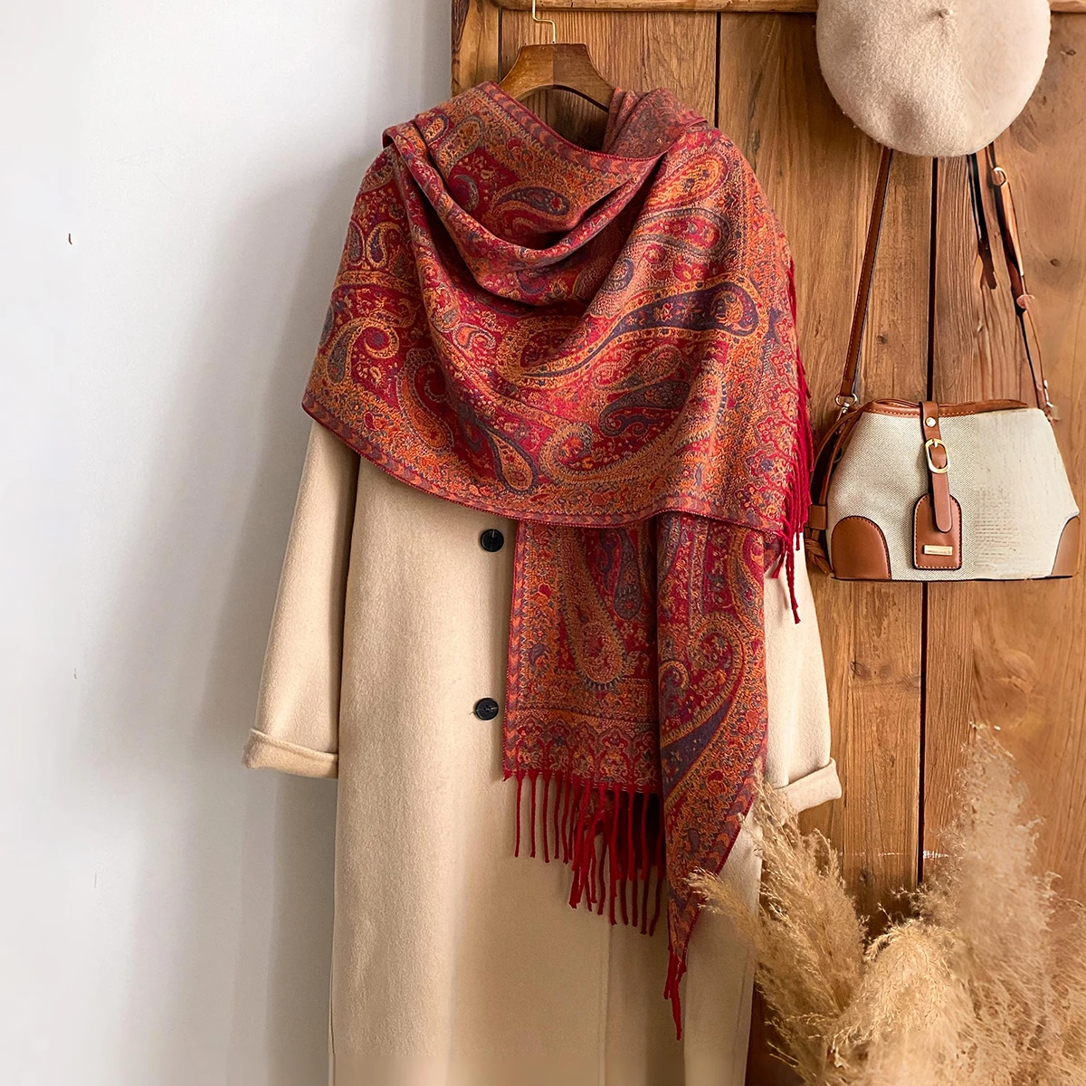 

rand Fashion Women's Winter Cashmere Shawl - Vintage Floral Printed Tasseled Oil Painting Style Pashmina Thick Wrap & Echarpe