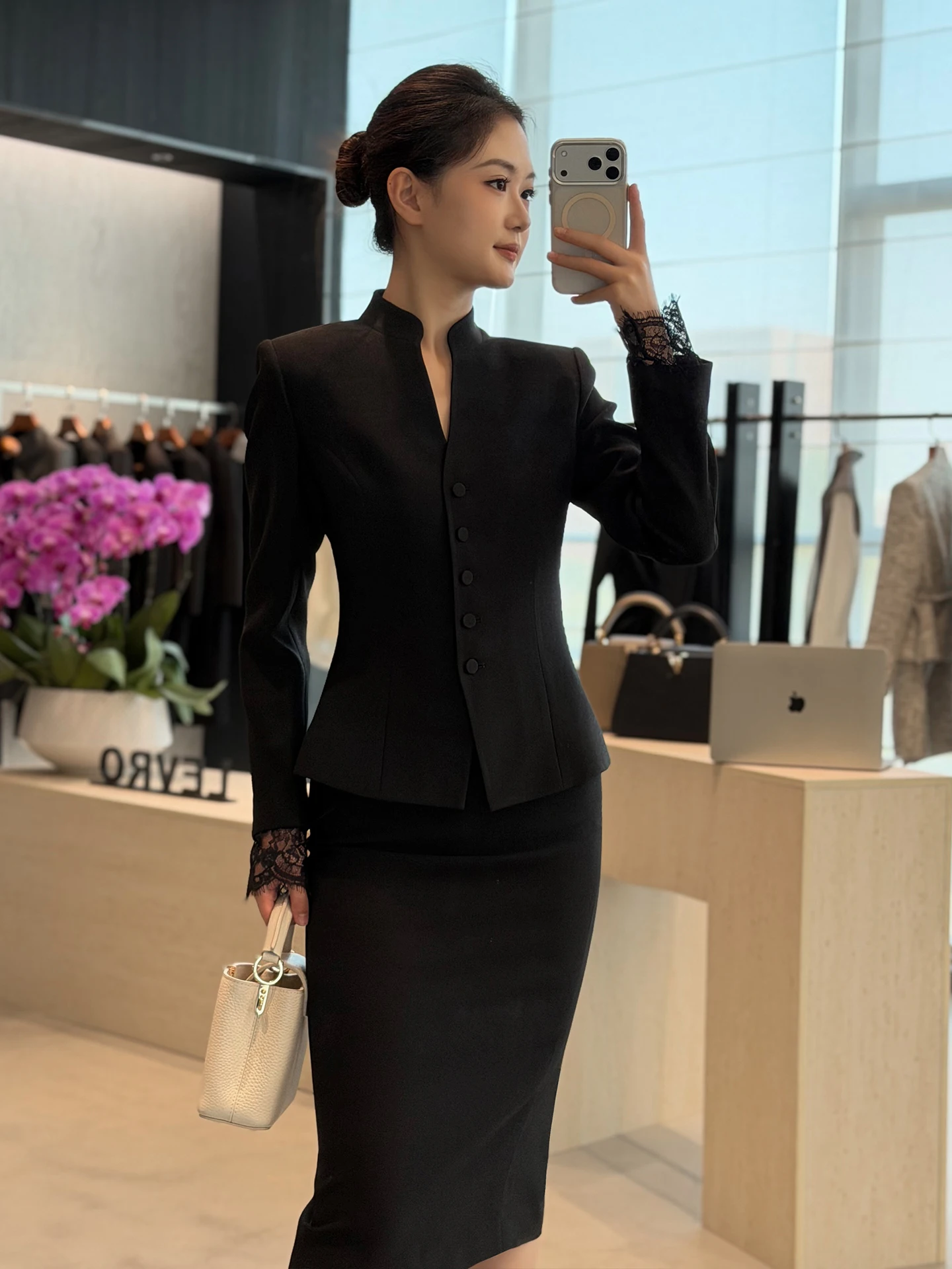 

Elegant Black Acetate Coat And Skirt Set for Commuting Fashionable And Stylish Spring New Arrival Slim Fit Long Sleeve Single...